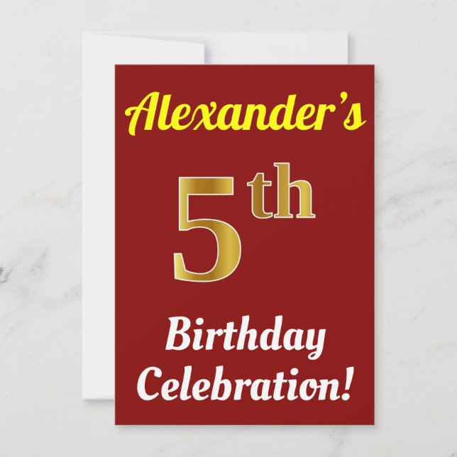 Invitation Rouge, Faux Gold 5e anniversaire Célébration + Nom (Devant)