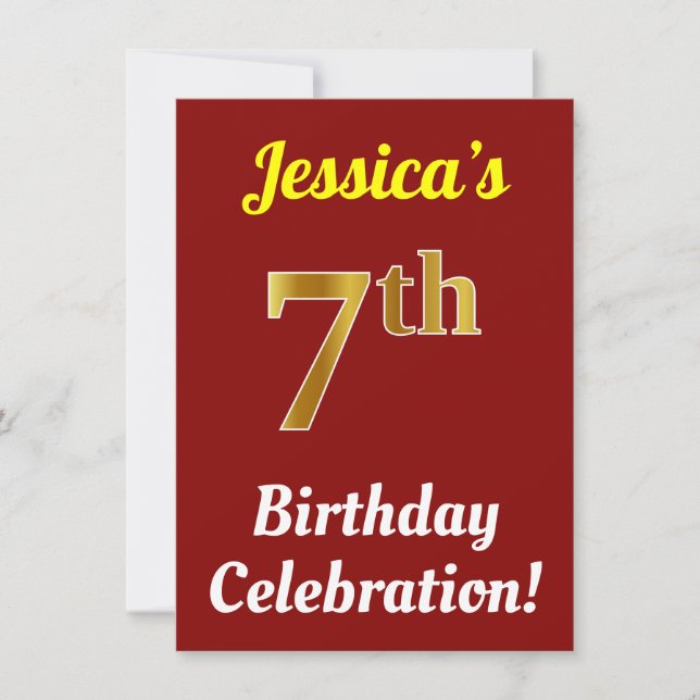 Invitation Rouge, Faux Gold 7e anniversaire Célébration + Nom (Devant)