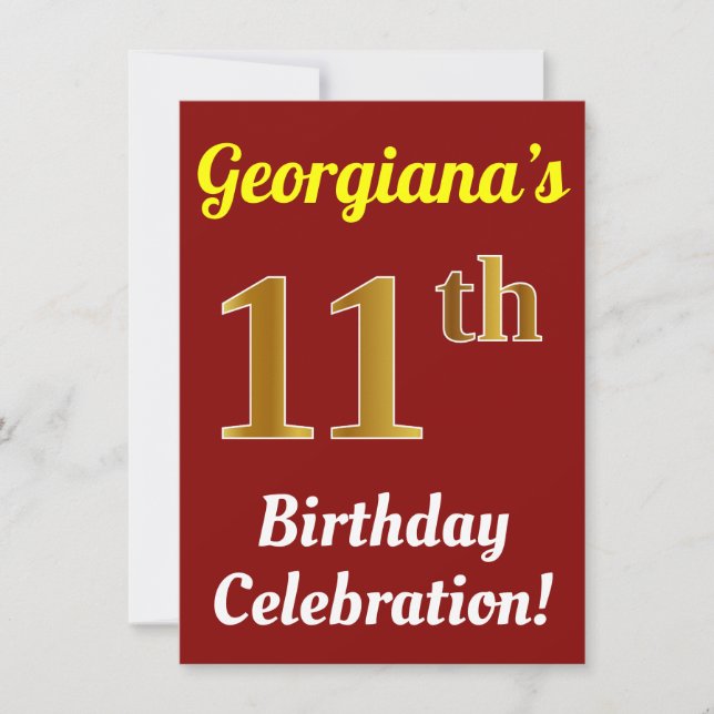 Invitation Rouge, Faux Or 11e anniversaire Célébration + Nom (Devant)