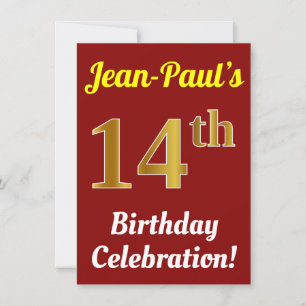 Invitation Rouge, Faux Or 14e anniversaire Célébration + Nom