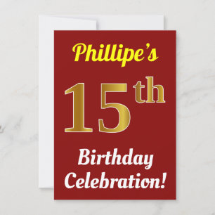 Invitation Rouge, Faux Or 15e anniversaire Célébration + Nom