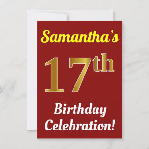 Invitation Rouge, Faux Or 17e anniversaire Célébration + Nom