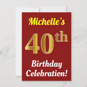 Invitation Rouge, Faux Or 40e anniversaire Célébration + Nom