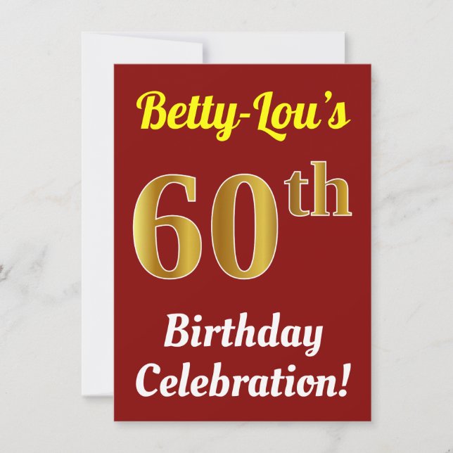 Invitation Rouge, Faux Or 60e anniversaire Célébration + Nom (Devant)