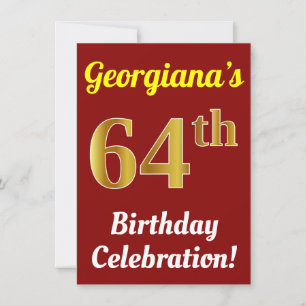 Invitation Rouge, Faux Or 64e anniversaire Célébration + Nom