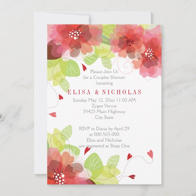 Invitation Rouge, fleurs roses fleuries mariages douche (Devant)