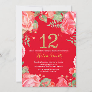 Invitation Rouge Floral 12e anniversaire Parties scintillant 