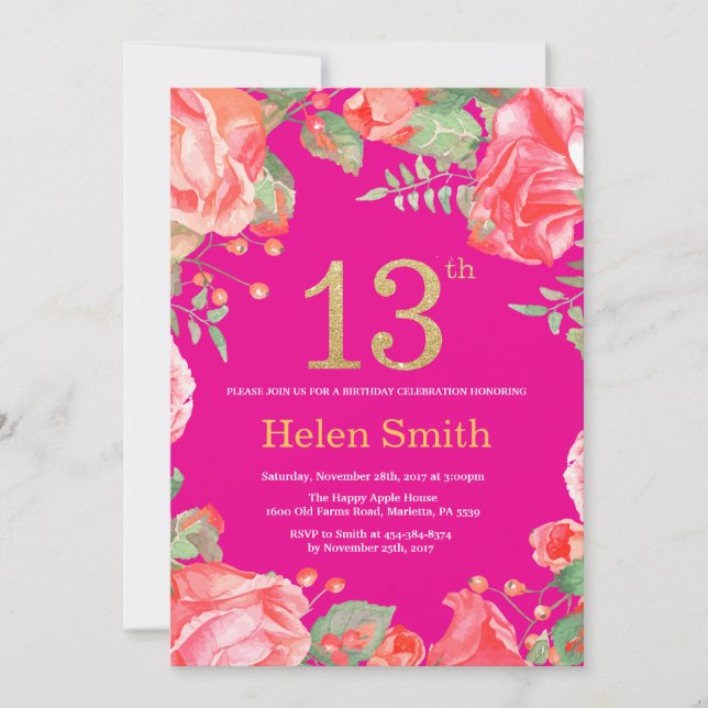 Invitation Rouge Floral 13e anniversaire Parties scintillant  (Devant)