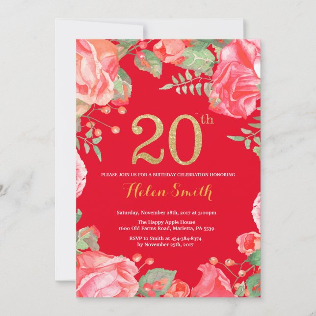 Invitation Rouge Floral 20e anniversaire Parties scintillant  (Devant)