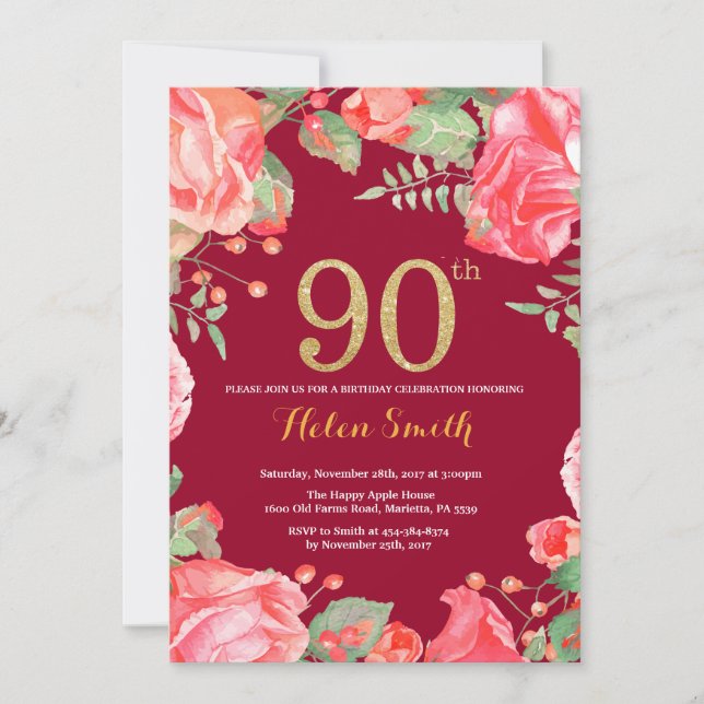Invitation Rouge Floral 90e anniversaire Parties scintillant  (Devant)