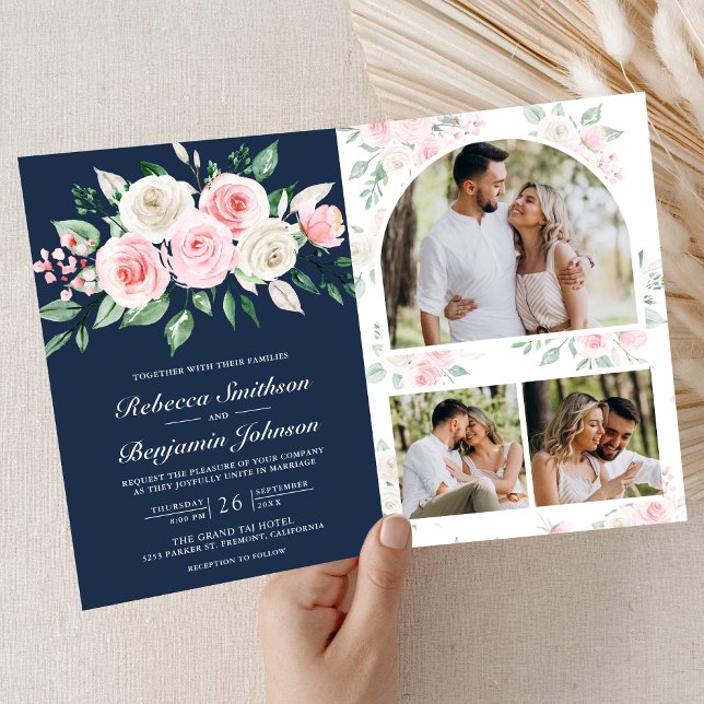 Invitation Rouge Floral Bleu Marine Code QR Mariage (Créateur téléchargé)