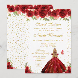 Invitation Rouge Floral Blonde Cheveux Princesse Sweet Seize