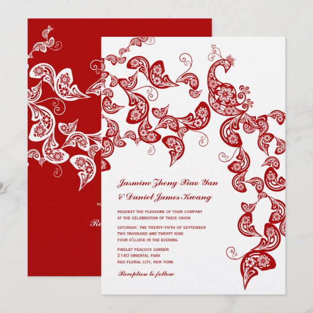 Invitation Rouge Floral Boho Peacock Eastern Chic Mariage asi (Devant / Derrière)