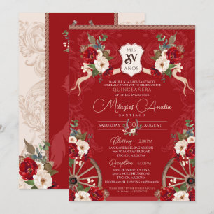 Invitation Rouge Floral Élégant Baroque Charra Quinceañera