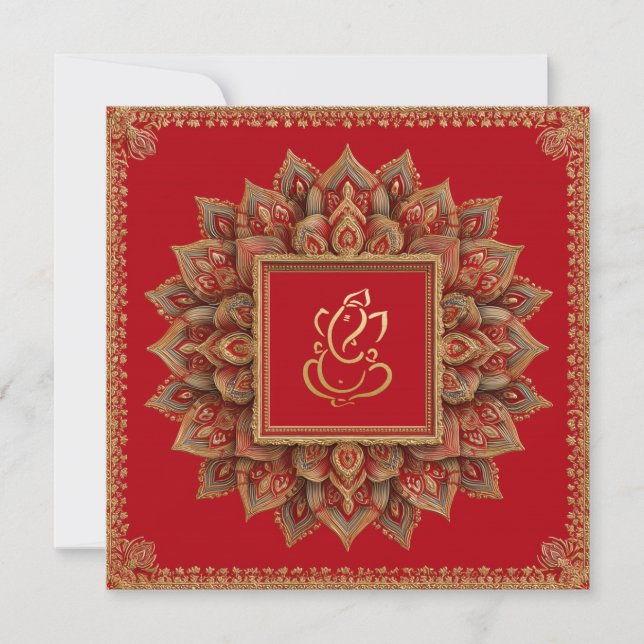 Invitation Rouge Floral ethnie Ganesh Mariage indien (Devant)