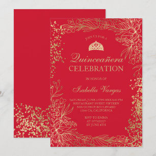 Invitation Rouge floral or Tiara chic Quinceañera