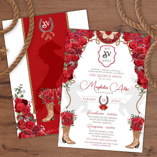 Invitation Rouge Floral Ouest Charro Quinceañera (Créateur téléchargé)