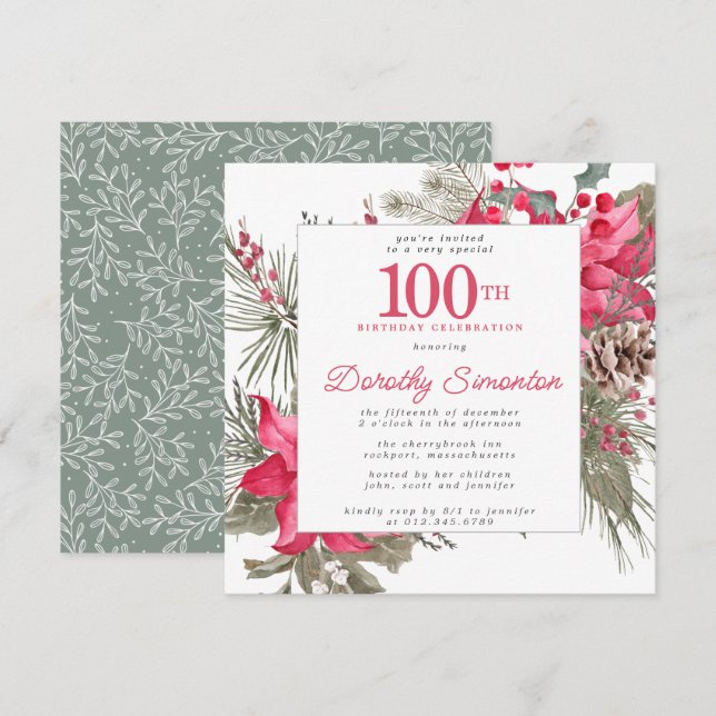 Invitation Rouge Floral Poinsettia 100e Carré de fête d'anniv (Devant / Derrière)