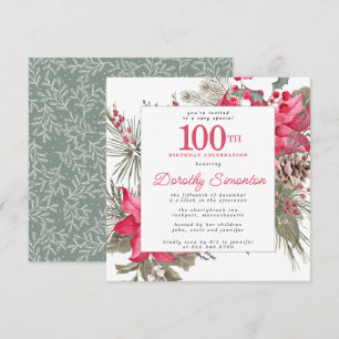 Invitation Rouge Floral Poinsettia 100e Carré de fête d'anniv