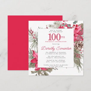Invitation Rouge Floral Poinsettia 100e Carré de fête d'anniv