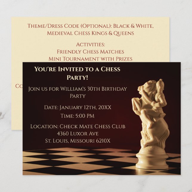 Invitation Rouge foncé 30e anniversaire jeu d'échecs Chevalie (Devant / Derrière)