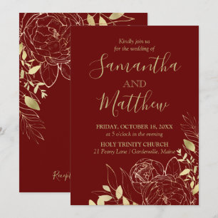 Invitation Rouge foncé Bourgogne & Or Peony Mariage moderne