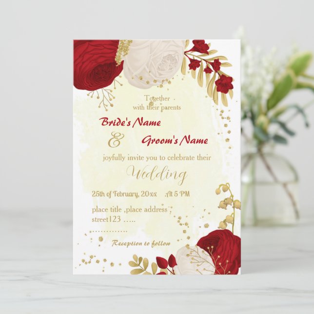 Invitation rouge foncé et fleurs blanches or mariage (Debout devant)