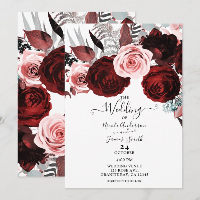 Invitation Rouge foncé et rose Floral Vert Mariage blanc (Devant / Derrière)