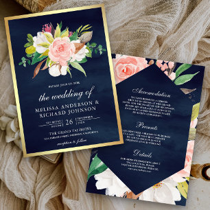 Invitation Rouge Foncé Fleurs Rose Mariage Tout en Un Bleu Ma