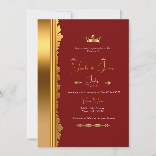 Invitation Rouge foncé & or élégant Mariage Royal Glam (Devant)