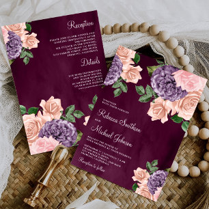 Invitation Rouge Foncé Rose Floral Violet Robe de Mariée Inté