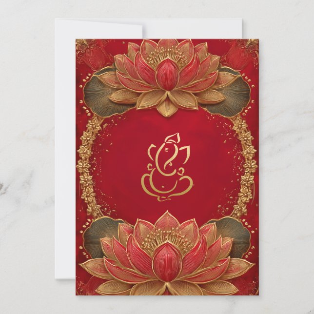 Invitation Rouge Ganesha Indien ethnie Lotus Mariage (Devant)