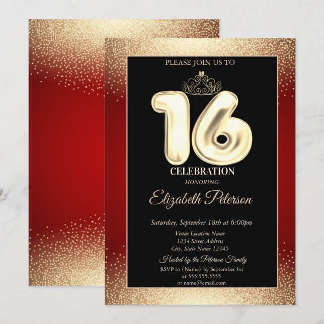 Invitation Rouge, Gold Tiara Confetti, Sweet 16 Party (Devant / Derrière)