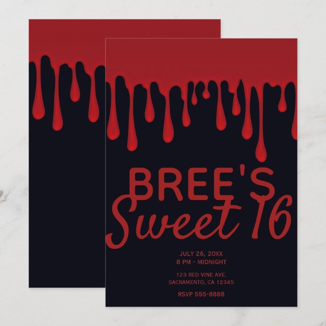 Invitation Rouge gouttes de sang Halloween Sweet 16 Party (Devant / Derrière)