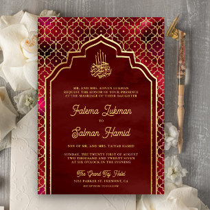Invitation Rouge Grenat Or Arc Marocain Mariage Musulman