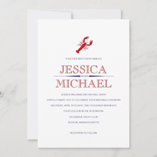 Invitation Rouge Homard Mariage Marine Bleu Thème nautique In (Devant)