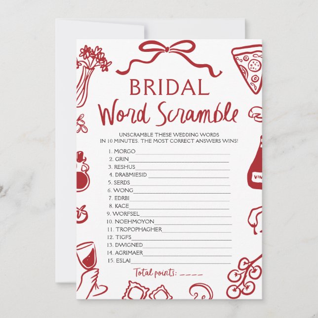 Invitation Rouge Italien Main Tirée Bridal Word Scramble Jeu (Devant)