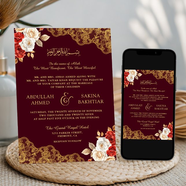 Invitation Rouge ivoire Floral Or dentelle Bourgogne Mariage  (Créateur téléchargé)