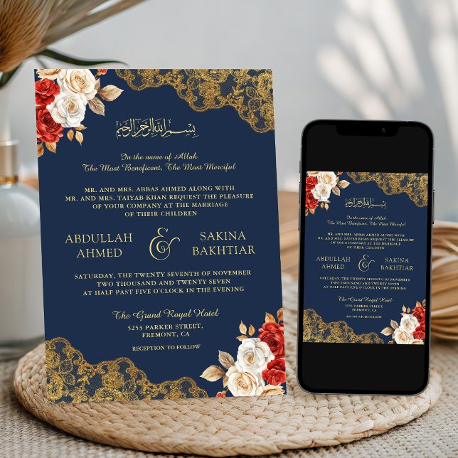 Invitation Rouge ivoire Floral or dentelle marine Mariage mus (Créateur téléchargé)