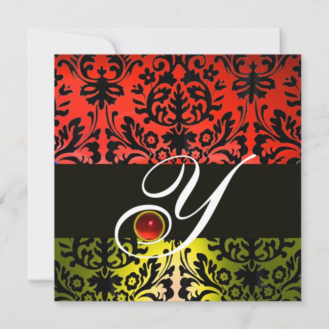 Invitation ROUGE JAUNE BLACK DAMASK MONOGRAM Ruby (Devant)