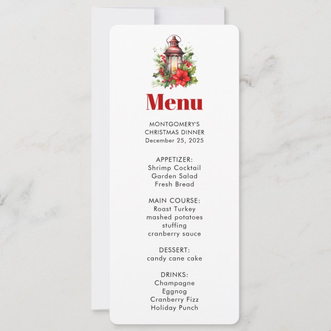 Invitation Rouge lanterne de Noël Poinsettia et menu pin (Devant)