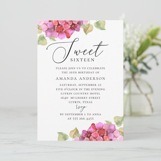 Invitation Rouge lilas rose Sucré 16. Anniversaire floral aqu (Debout devant)