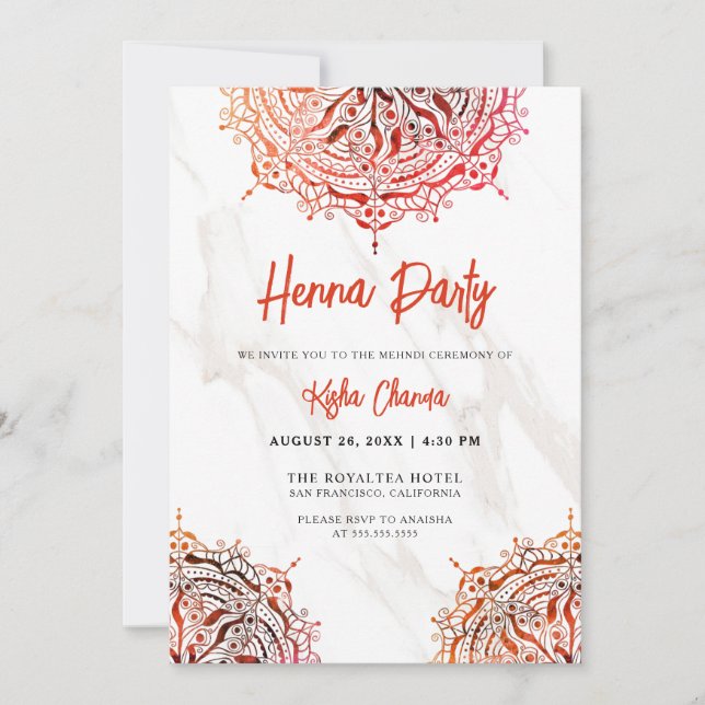 Invitation Rouge Marbre Mandala Mehndi Fête Henna (Devant)