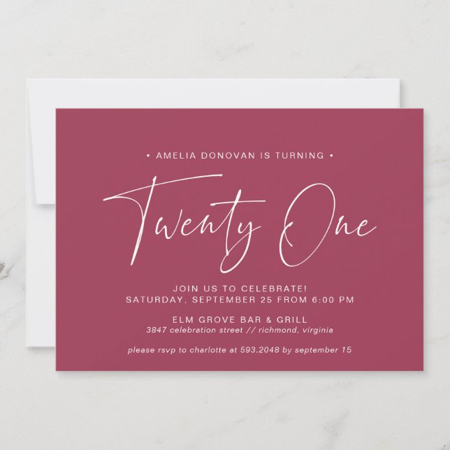 Invitation Rouge marron | Typographie simple 21e anniversaire (Devant)