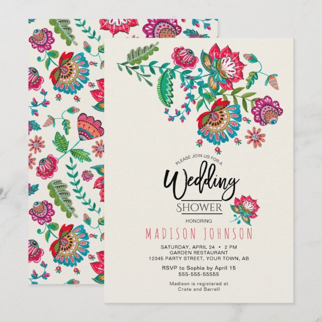 Invitation Rouge mexicain joyeux & Turquoise Folk art Floral (Devant / Derrière)