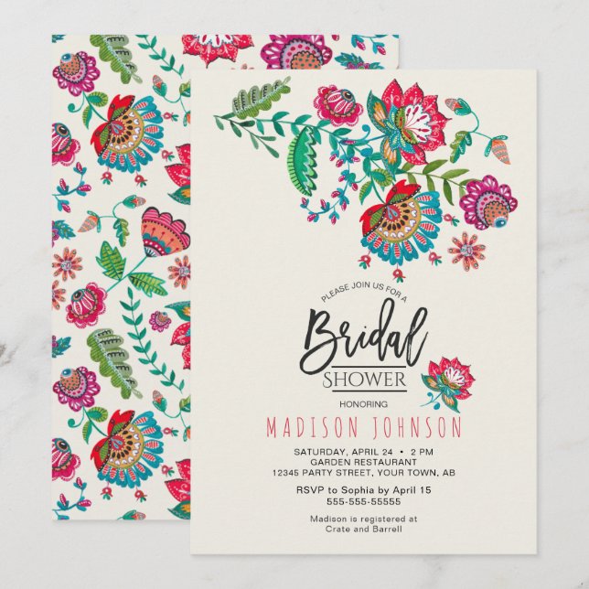 Invitation Rouge mexicain joyeux & Turquoise Folk art Floral (Devant / Derrière)
