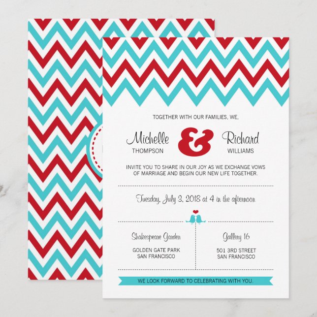 Invitation Rouge moderne et Aqua Chevron & Lovebirds Mariage (Devant / Derrière)