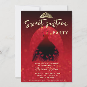 Invitation Rouge moderne projecteur bokeh papillon robe tiara