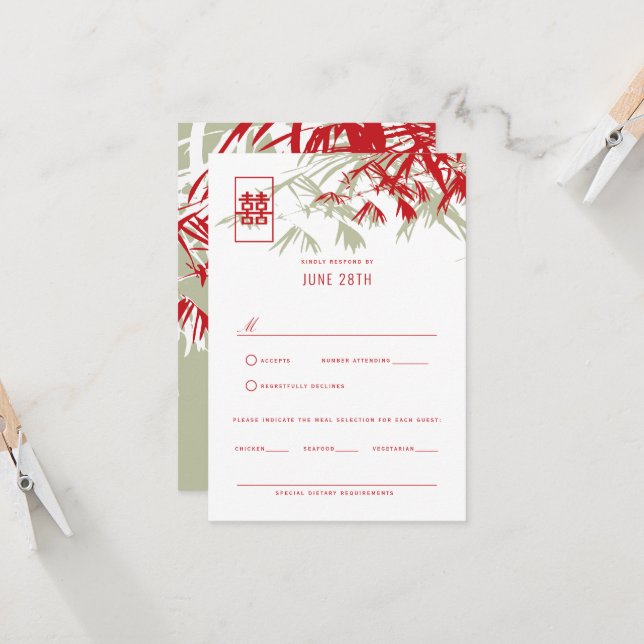 Invitation Rouge & Moss Gris Bambou Feuille Mariage chinois R (Devant/Arrière en situation)