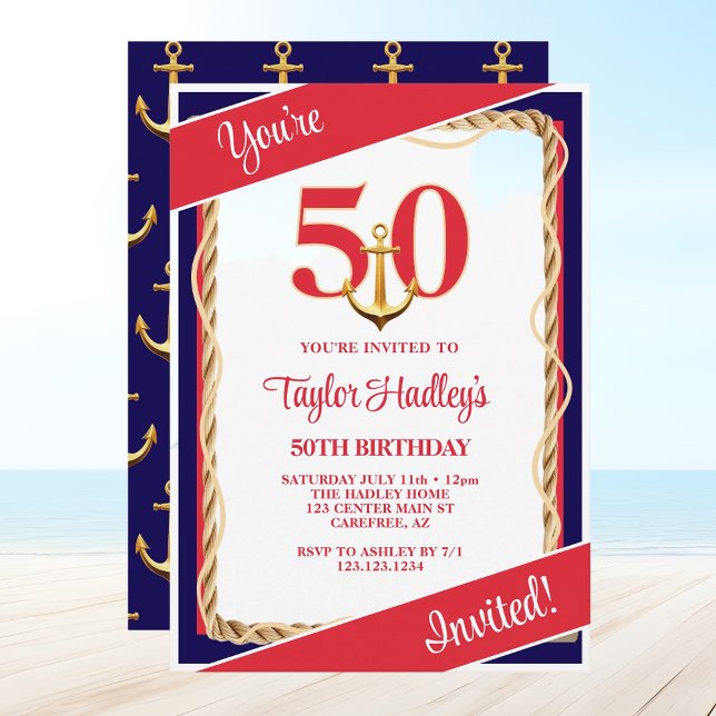 Invitation Rouge nautique blanc et bleu 50e anniversaire (Créateur téléchargé)